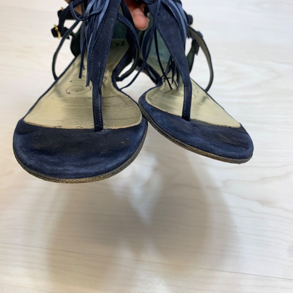 Tibi Fringe Thong Sandals Womens Size 9B Navy Blue Suede Leather - Picture 6 of 12
